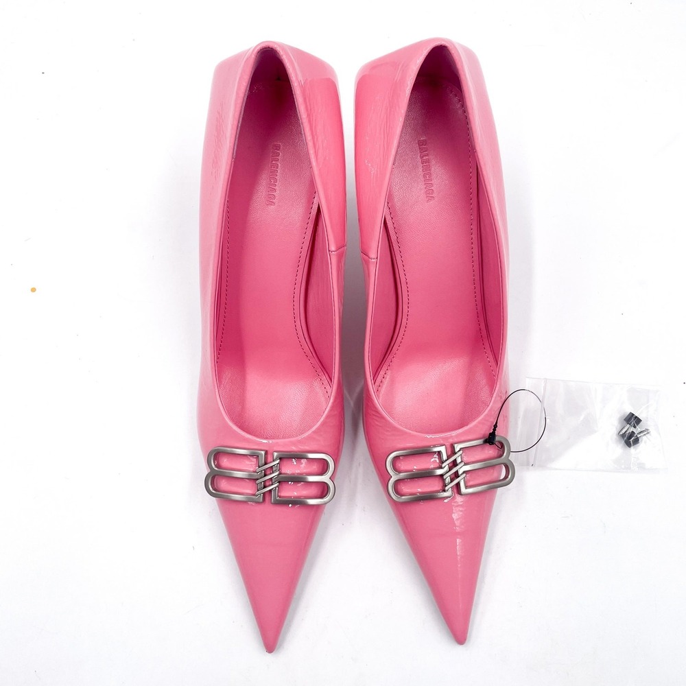Balenciaga BB Square Knife Pumps Pink Patent Leather Pointed Tie Sz 38 / 8 - Picture 3 of 14